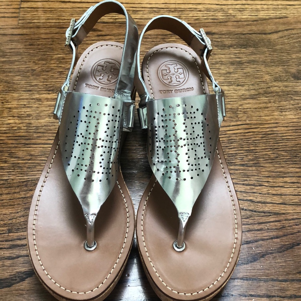 Tory Burch Mirrored Silver Cork Wedge Sandals 8 - image 1